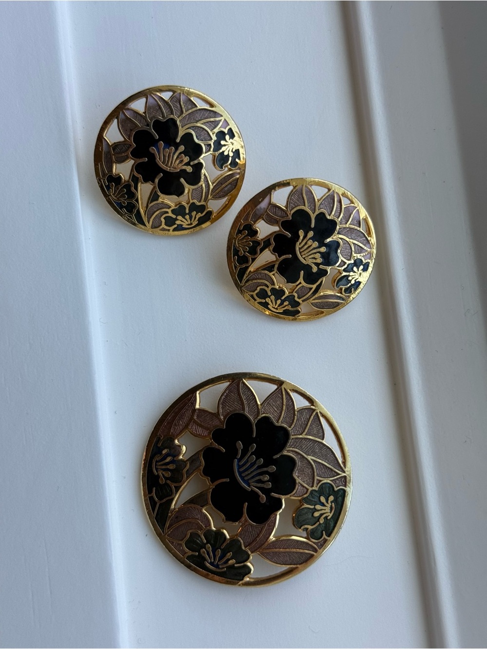 Vintage Cloisonne Flower Brooch and Pierced Earrings Set